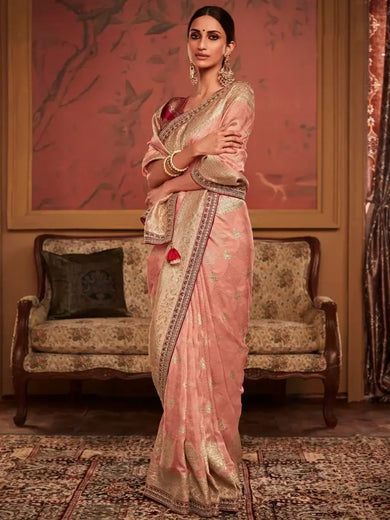 Stunning Peach Zari-Weaving Dola Silk Reception Wear Sarees with Blouse